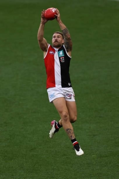 Dean Kent of the Saints marks the ball during the round 19 AFL match between West Coast Eagles and St Kilda Saints at Optus Stadium on July 24, 2021...
