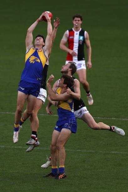 Xavier O'Neill of the Eagles contests for a mark during the round 19 AFL match between West Coast Eagles and St Kilda Saints at Optus Stadium on July...