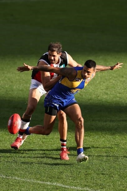 Paddy Ryder of the Saints and Tim Kelly of the Eagles contest for the ball during the round 19 AFL match between West Coast Eagles and St Kilda...