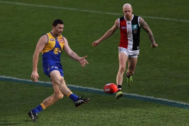 Jeremy McGovern of the Eagles passes the ball during the round 19 AFL match between West Coast Eagles and St Kilda Saints at Optus Stadium on July...