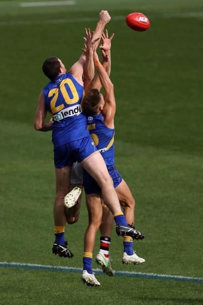 Jeremy McGovern of the Eagles spoils the mark for Max King of the Saints during the round 19 AFL match between West Coast Eagles and St Kilda Saints...
