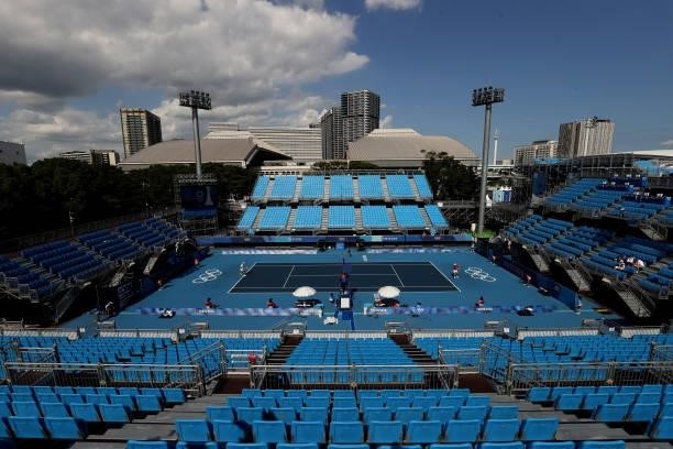 General view of court one as Aslan Karatsev of Team ROC plays Tommy Paul of Team USA in their Men's Singles First Round match on day one of the Tokyo...