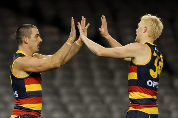 Taylor Walker of the Crows celebrates a goal during the round 20 AFL match between Adelaide Crows and Hawthorn Hawks at Marvel Stadium on July 24,...