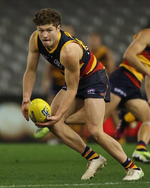 Harry Schoenberg of the Crows in action during the round 20 AFL match between Adelaide Crows and Hawthorn Hawks at Marvel Stadium on July 24, 2021 in...