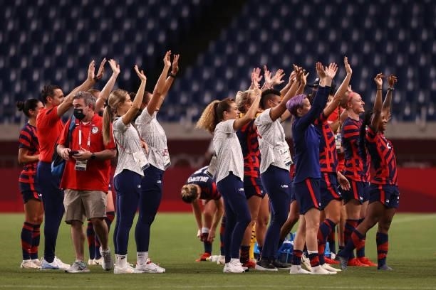 Megan Rapinoe of Team United States and teammates celebrate after victory in the Women's First Round Group G match between New Zealand and United...