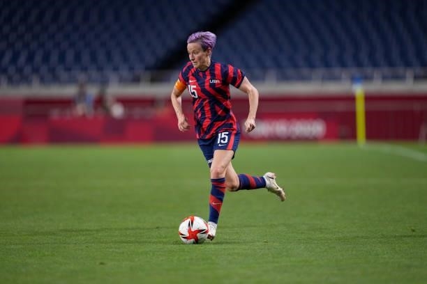 Megan Rapinoe of the United States moves with the ball during a game between New Zealand and USWNT at Saitama Stadium on July 24, 2021 in Saitama,...