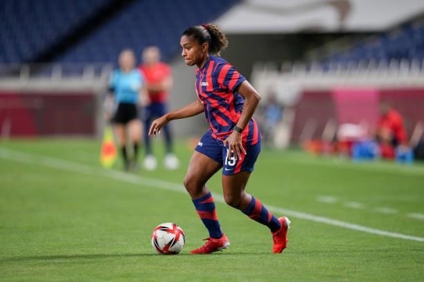 Catarina Macario of the United States moves with the ball during a game between New Zealand and USWNT at Saitama Stadium on July 24, 2021 in Saitama,...