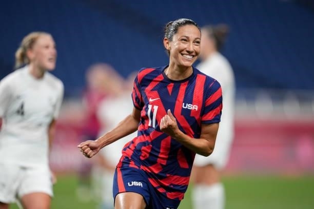 Christen Press of the United States celebrates a goal during a game between New Zealand and USWNT at Saitama Stadium on July 24, 2021 in Saitama,...