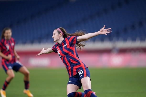 Rose Lavelle of the United States celebrates her goal during a game between New Zealand and USWNT at Saitama Stadium on July 24, 2021 in Saitama,...