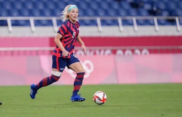 Julie Ertz of the United States looking for an open man during a game between New Zealand and USWNT at Saitama Stadium on July 24, 2021 in Saitama,...