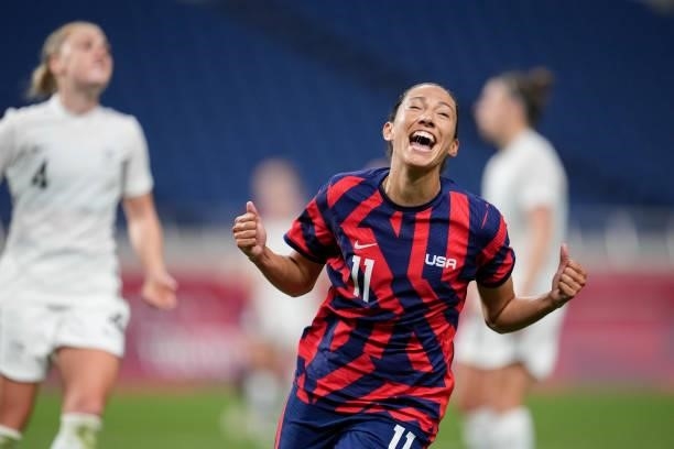 Christen Press of the United States celebrates a goal during a game between New Zealand and USWNT at Saitama Stadium on July 24, 2021 in Saitama,...