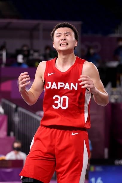 Keisei Tominaga of Team Japan reacts during the Men's Pool Round match between Belgium and Japan on day one of the Tokyo 2020 Olympic Games at Aomi...