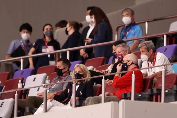 Jill Biden, First Lady of the United States is seen wearing a face mask as they watch on during the Women's First Round Group G match between New...