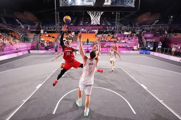 Ira Brown of Team Japan drives to the basket during the Men's Pool Round match between Belgium and Japan on day one of the Tokyo 2020 Olympic Games...