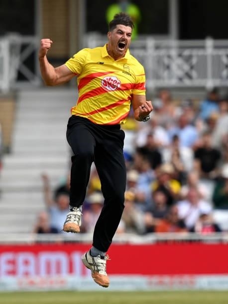 Marchant de Lange of Trent Rockets Men celebrates after taking his fifth wicket during The Hundred match between Trent Rockets Men and Southern Brave...