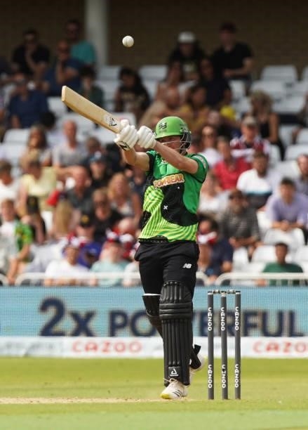 Ross Whiteley of Southern Brave hits out during The Hundred game between Trent Rockets and Southern Brave at Trent Bridge on July 24, 2021 in...