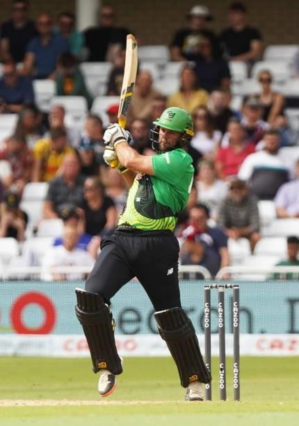 Ross Whiteley of Southern Brave hits out during The Hundred game between Trent Rockets and Southern Brave at Trent Bridge on July 24, 2021 in...