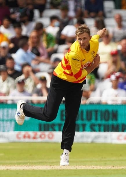 Joe Root of Trent Rockets bowls during The Hundred game between Trent Rockets and Southern Brave at Trent Bridge on July 24, 2021 in Nottingham,...