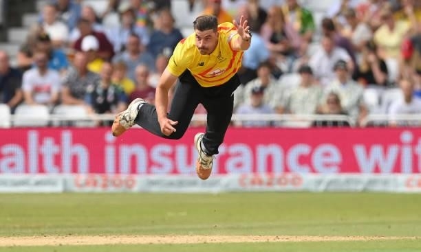 Marchant de Lange of Trent Rockets bowls during the Hundred Match between Trent Rockets and Southern Brave at Trent Bridge on July 24, 2021 in...