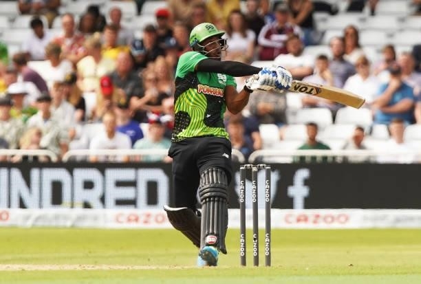 Chris Jordan of Southern Brave hits out during The Hundred game between Trent Rockets and Southern Brave at Trent Bridge on July 24, 2021 in...