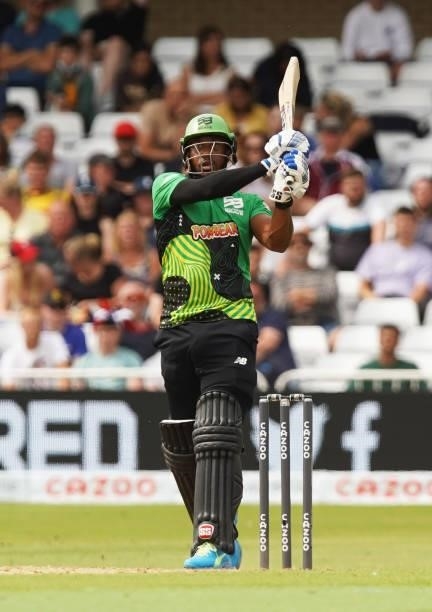 Chris Jordan of Southern Brave hits out during The Hundred game between Trent Rockets and Southern Brave at Trent Bridge on July 24, 2021 in...
