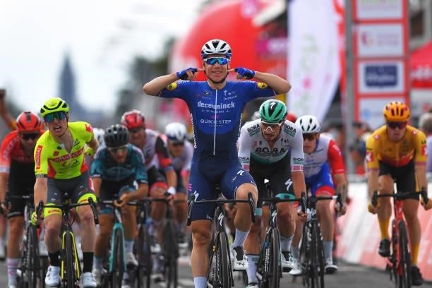 Fabio Jakobsen of Netherlands and Team Deceuninck - Quick-Step celebrates at arrival during the 42nd Tour de Wallonie 2021, Stage 5 a 183,1km stage...