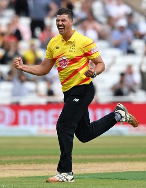 Marchant de Lange of Trent Rockets Men celebrates after taking his fourth wicket during The Hundred match between Trent Rockets Men and Southern...