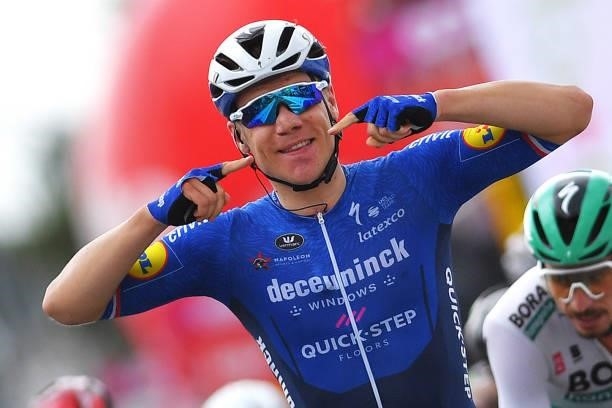 Fabio Jakobsen of Netherlands and Team Deceuninck - Quick-Step celebrates at arrival during the 42nd Tour de Wallonie 2021, Stage 5 a 183,1km stage...