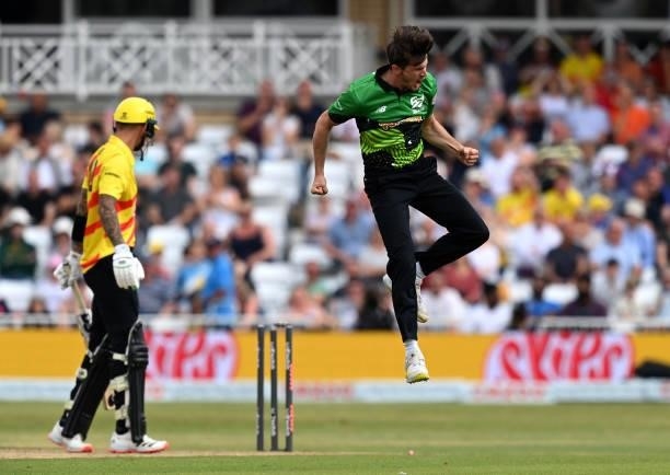 George Garton of Southern Brace Men celebrates after taking the wicket of Alex Hales of Trent Rockets during The Hundred match between Trent Rockets...