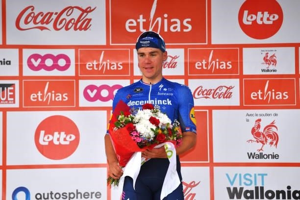 Fabio Jakobsen of Netherlands and Team Deceuninck - Quick-Step celebrates at podium as stage winner during the 42nd Tour de Wallonie 2021, Stage 5 a...