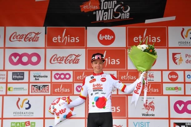 Florian Vermeersch of Belgium and Team Lotto Soudal Polka Dot Mountain Jersey celebrates at podium during the 42nd Tour de Wallonie 2021, Stage 5 a...