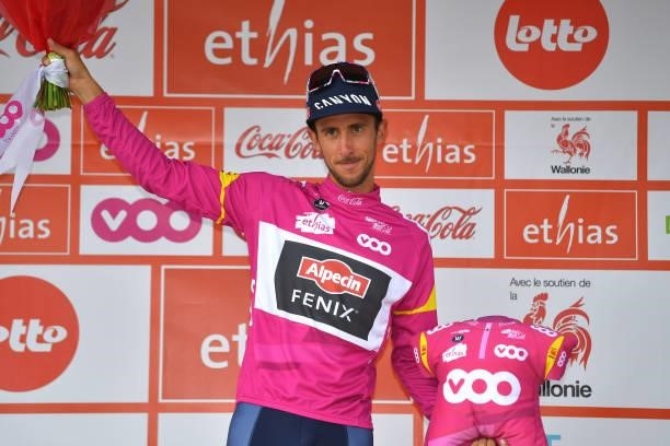 Dries De Bondt of Belgium and Team Alpecin-Fenix Purple Intermediated Sprint Jersey celebrates at podium during the 42nd Tour de Wallonie 2021, Stage...