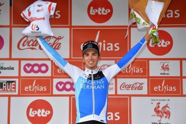 Sean Quinn of United States and Team Hagens Berman-Axeon Most Combative Rider celebrates at podium during the 42nd Tour de Wallonie 2021, Stage 5 a...