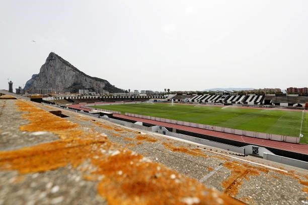 General view inside the stadium where the Rock of Gibraltar is seen prior to the Pre-Season Friendly match between Real Betis and Wolverhampton...