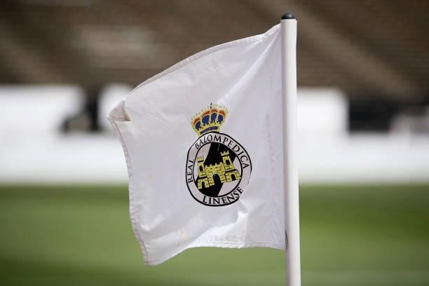 Corner flag with the crest of Real Balompedica Linense is seen prior to the Pre-Season Friendly match between Real Betis and Wolverhampton Wanderers...