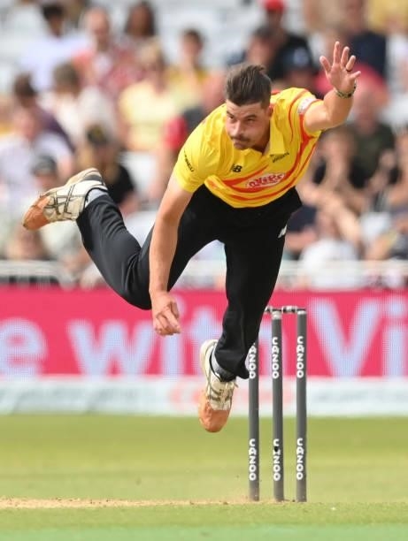 Marchant de Lange of Trent Rockets bowls during the Hundred Match between Trent Rockets and Southern Brave at Trent Bridge on July 24, 2021 in...