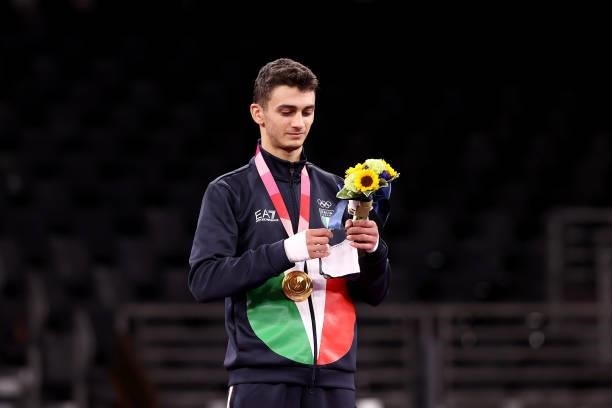 Gold medalist Vito Dell’Aquila of Team Italy poses with the gold medal for the Men's -58kg Taekwondo Gold Medal on day one of the Tokyo 2020 Olympic...