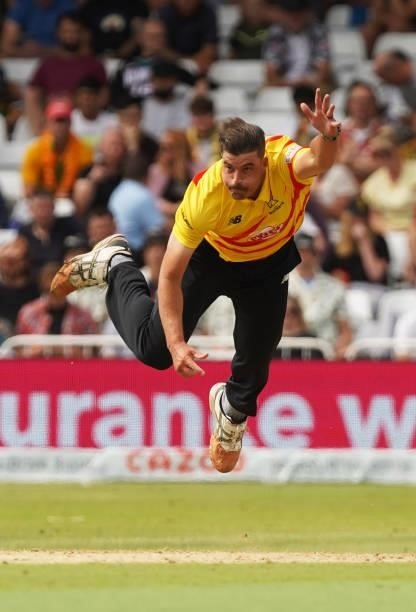 Marchant de Lange of Trent Rockets bowls during The Hundred game between Trent Rockets and Southern Brave at Trent Bridge on July 24, 2021 in...