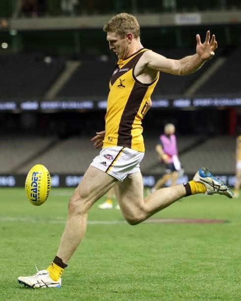 Ben McEvoy of the Hawks kicks for goal during the round 20 AFL match between Adelaide Crows and Hawthorn Hawks at Marvel Stadium on July 24, 2021 in...