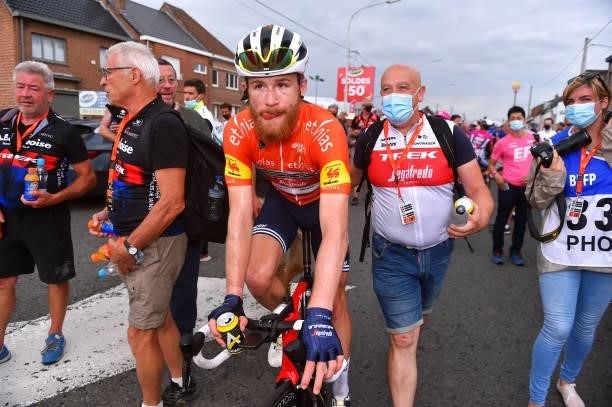 Quinn Simmons of United States and Team Trek - Segafredo Orange Leader Jersey celebrates at arrival during the 42nd Tour de Wallonie 2021, Stage 5 a...