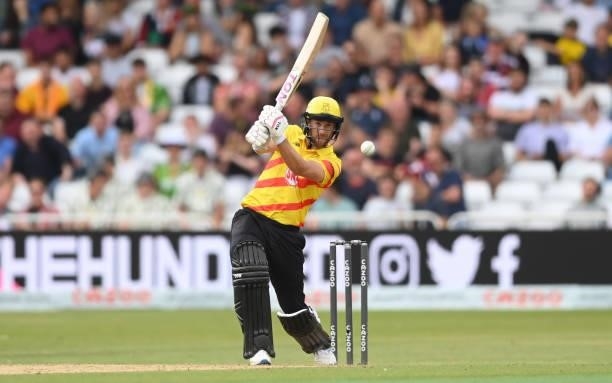 Dawid Malan of Trent Rockets hits out during the Hundred Match between Trent Rockets and Southern Brave at Trent Bridge on July 24, 2021 in...