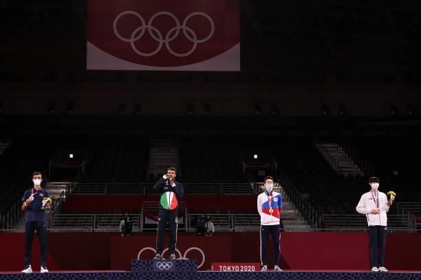 Silver medalist Mohamed Khalil Jendoubi of Team Tunisia, gold medalist Vito Dell’Aquila of Team Italy, and bronze medalists Mikhail Artamonov of Team...