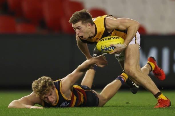 Dylan Moore of the Hawks in action during the round 20 AFL match between Adelaide Crows and Hawthorn Hawks at Marvel Stadium on July 24, 2021 in...