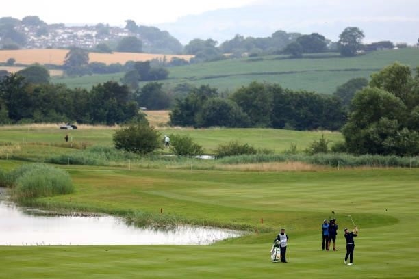 Nacho Elvira of Spain plays his second shot on the 14th hole during Day Three of the Cazoo Open supported by Gareth Bale at Celtic Manor Resort on...