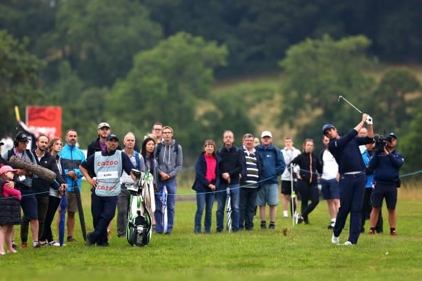 Nacho Elvira of Spain plays his second shot on the 12th hole during Day Three of the Cazoo Open supported by Gareth Bale at Celtic Manor Resort on...
