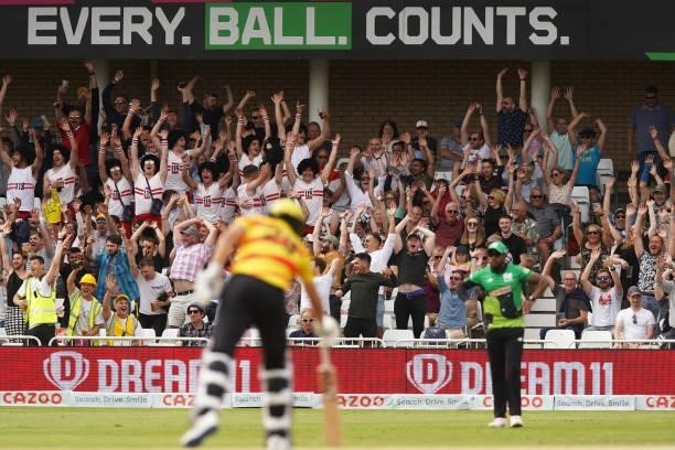 Fans enjoy the atmosphere during The Hundred game between Trent Rockets and Southern Brave at Trent Bridge on July 24, 2021 in Nottingham, England.