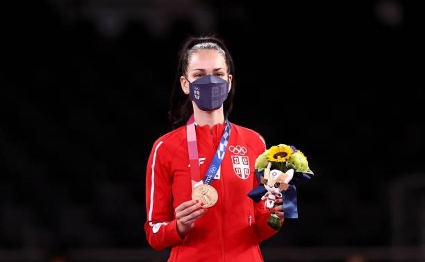Bronze medalist Tijana Bogdanovic of Team Serbia poses with the bronze medal for the Women's -49kg Taekwondo Gold Medal contest on day one of the...