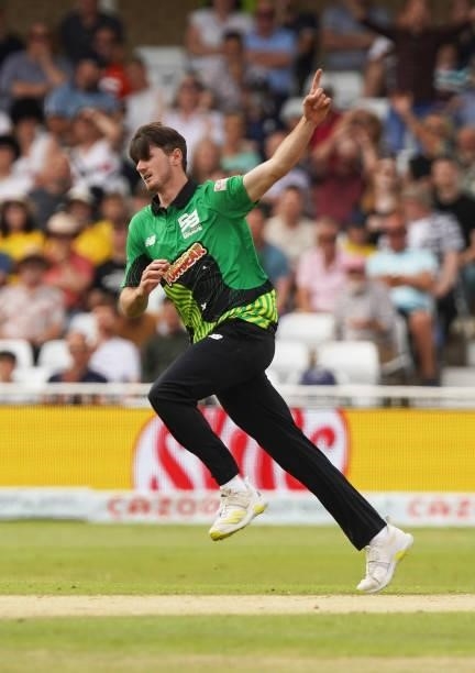 George Garton of Southern Brave celebrates dismissing Alex Hales of Trent Rockets during The Hundred game between Trent Rockets and Southern Brave at...
