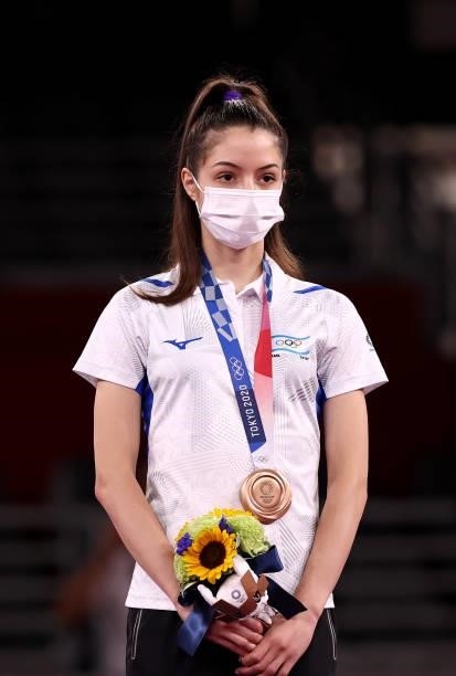 Bronze medalist Abishag Semberg of Team Israel poses with the bronze medal for the Women's -49kg Taekwondo Gold Medal contest on day one of the Tokyo...