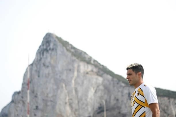 Raul Jimenez of Wolverhampton Wanderers looks on during a pitch inspection in front of the Rock of Gibraltar prior to the Pre-Season Friendly match...